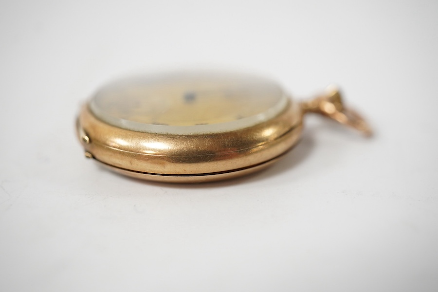 A George V 9ct gold open faced fob watch, with Roman dial and subsidiary seconds(hand loose), with 9ct gold cuvette, case diameter 34mm, gross weight 27.2 grams. Condition - poor to fair